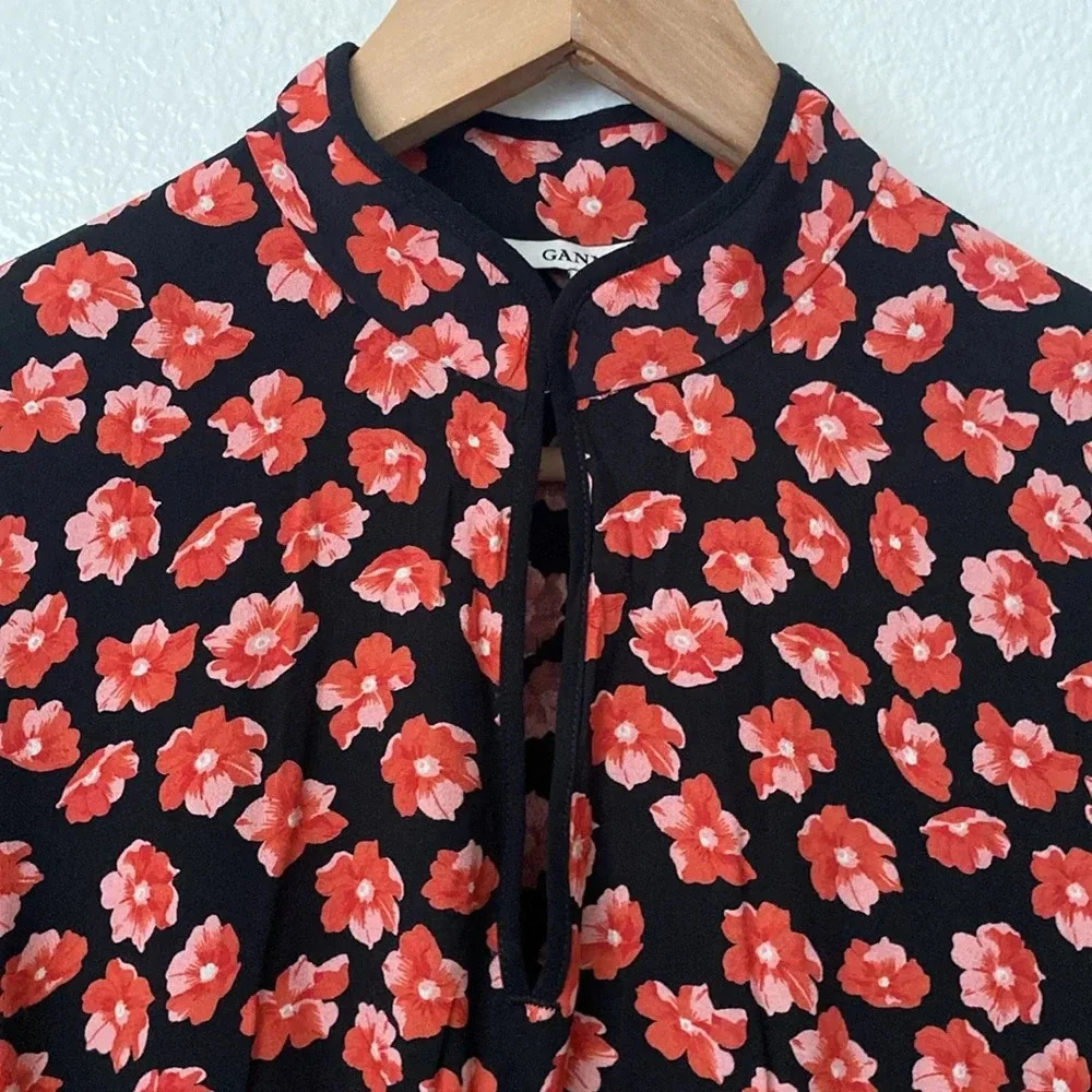 Ganni S Lindale Red Floral Crepe Mini Dress - Picture 6 of 13